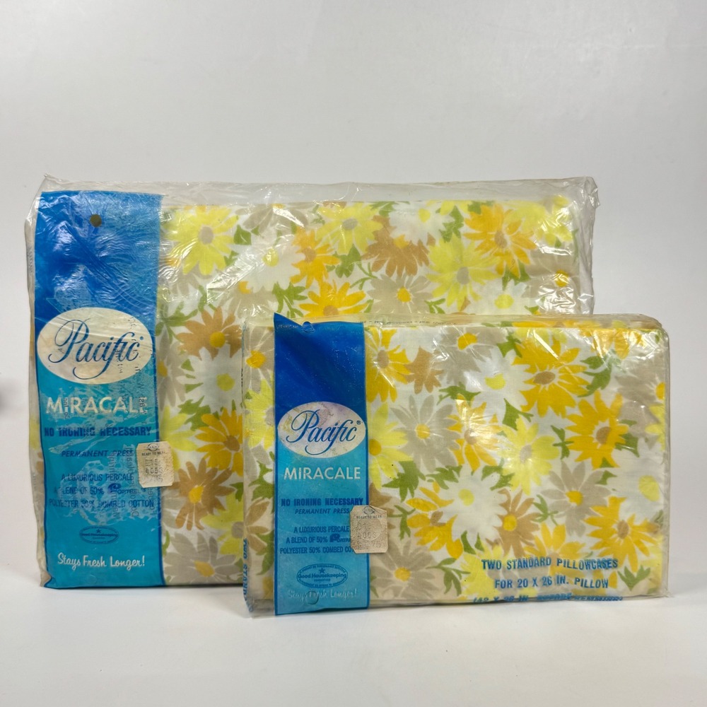 NEW Vintage Pacific Miracale Twin Flat Sheet & 2 Pillowcases Retro Groovy Daisy